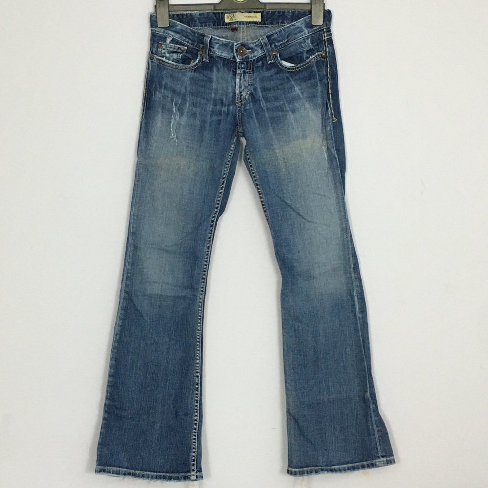 BKE Denim Womens 28/31.5 Sabrina Stretch Distressed Embroidered Flare Blue Jeans
